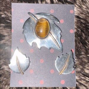 Silver & Tiger Eye Leaf Brooch and Earring Set